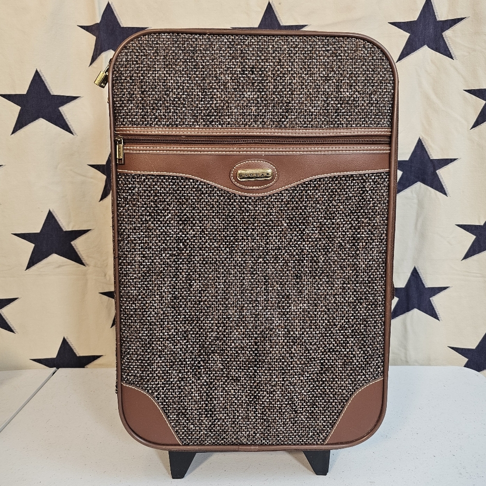 Vintage JC Penney Jaguar Brown Tweed Rolling Luggage Carry-On Suitcase Lock Keys